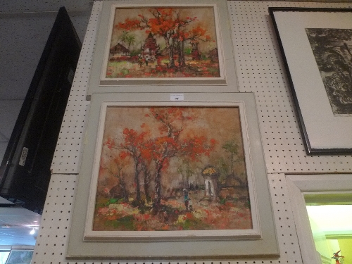 A pair of oil on canvas landscapes flowering tree studys in painted frames W 36 cm x H 32 cm