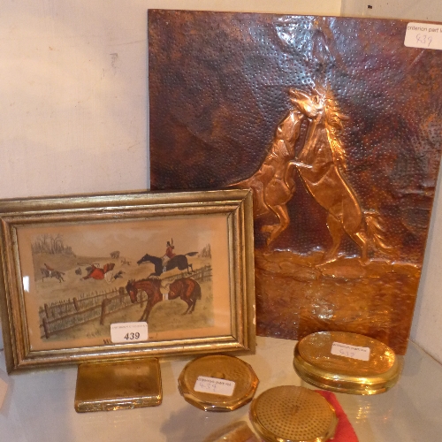 A copper plaque of a pair of Stallions three ladies compacts an antique lidded trinket box and a