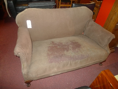 A C 20th mahogany framed two seater settee upholstered in velour on ball and claw supports W 145 cm