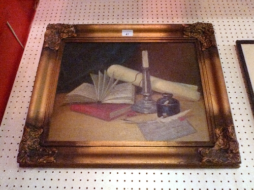 An oil on canvas still life study of a candlestick with books W 46 x H 34 cm