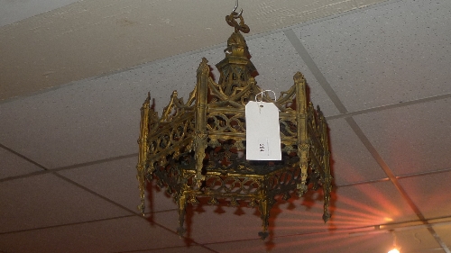 A bronze Gothic Revival hanging chandelier with pierced decoration W 45 cm