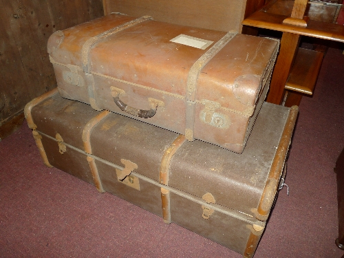 A 1930`s tan leather suitcase, together with a larger case with wooden bracing W 92 x D 53 x H 32