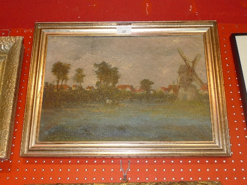 A Dutch oil on canvas river scene with windmill beside W 40 x H 27 cm