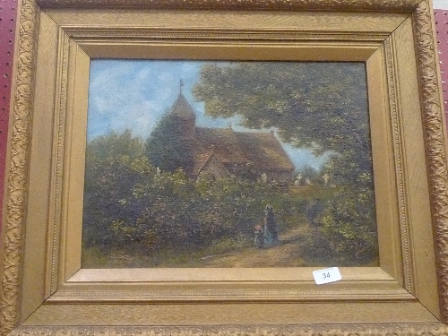 An oil on canvas rural church by Slader within gilt frame