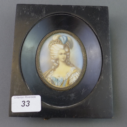 A painting on bone portrait of a lady in ebonised frame W 7 H 9 cm