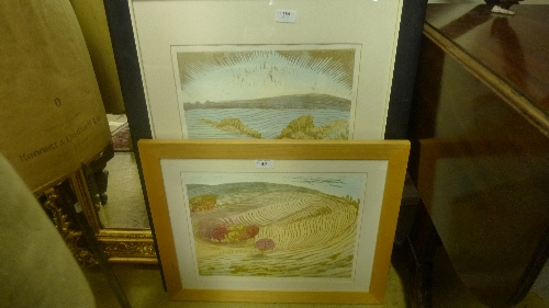 Two Liz Somerville prints landscape studies framed and glazed W 34 H 12 cm