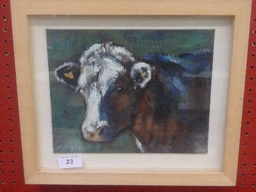 An oil of cow, Catherine Lightfoot framed signed W 24 H 21 cm