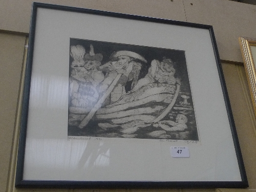 An etching of figures in a boat signed Frankiel 1991 5/25 W 27 H 24 cm