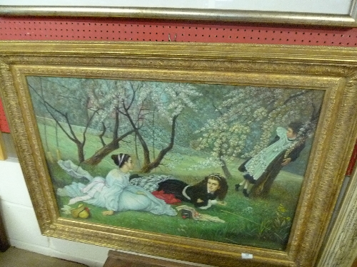 An oil on board young ladies in the garden in gilt frame W 90 H 65 cm
