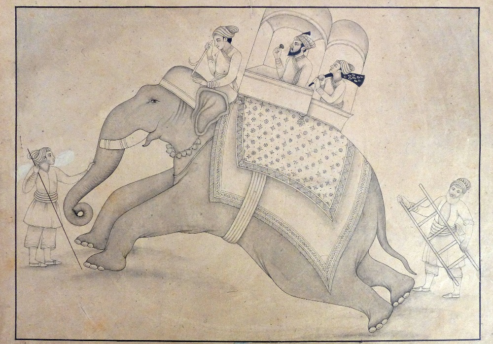 A C19th Indian Rajasthan pencil study of prince on obedient elephant with servants 28 x 38 cm