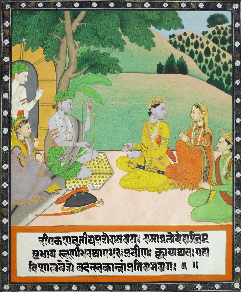 An C18th Indian gouache of a Ramayana scene with Rama and Sita recieving courtly visit with