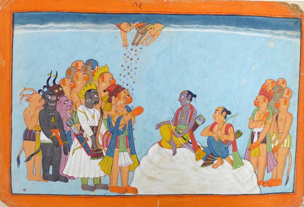 A C17th/C18th Indian gouache miniature of figure dressed as mythological monkey with disciples