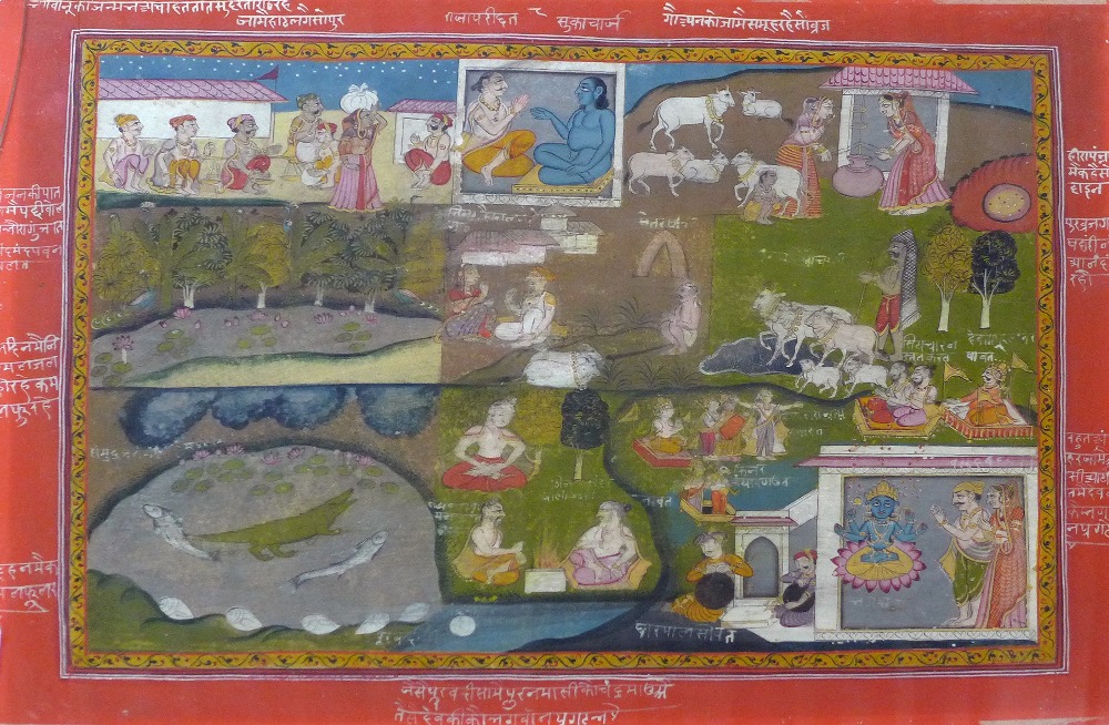 An C18th Indian miniature gouache with four storyline panels depicting  market scene, maidens at