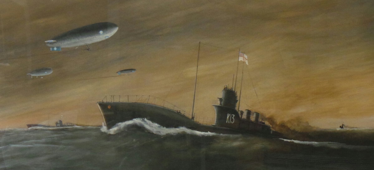 A watercolour marine study of a submarine and airships by M du Page 53cm x 90cm