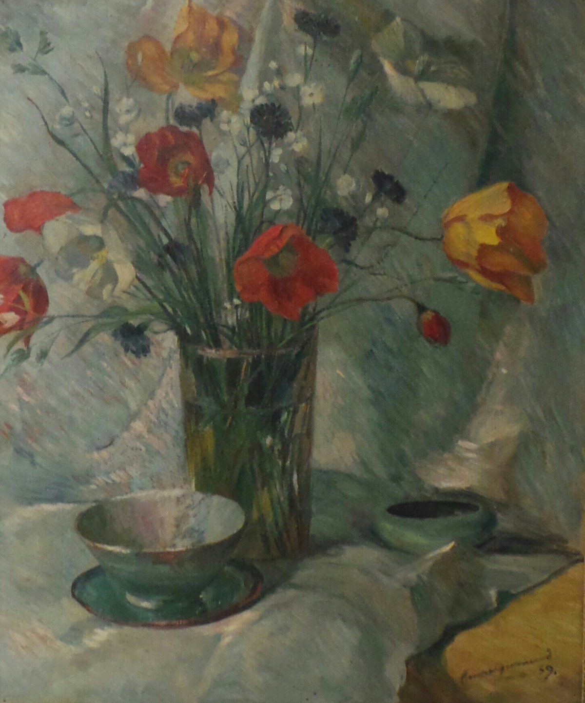 An Earnest Greenwood oil on canvas still life arrangement of wild flowers on a table with a bowl