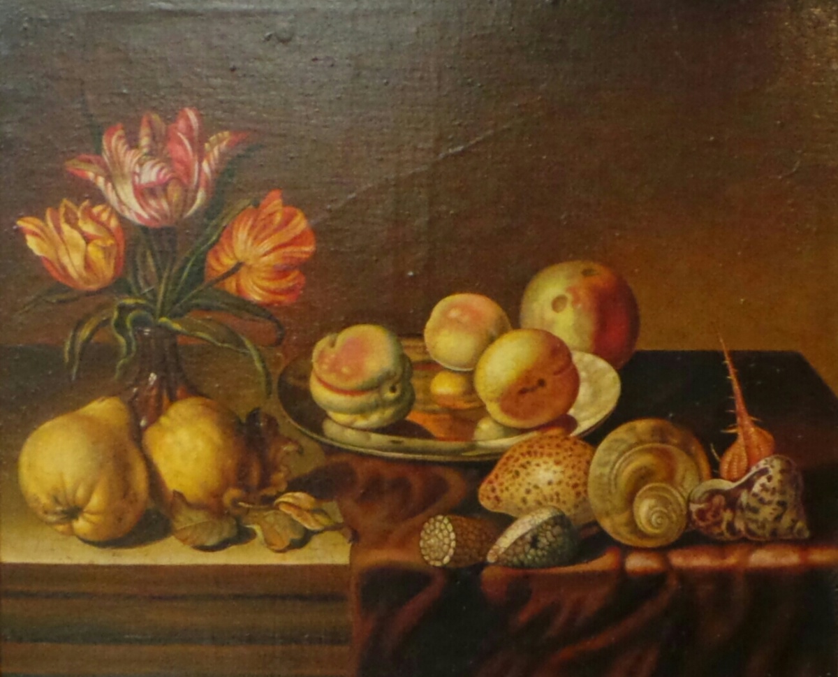 A Studio Canals oil on canvas still life depicting a table of fruit beside vase of flowers in