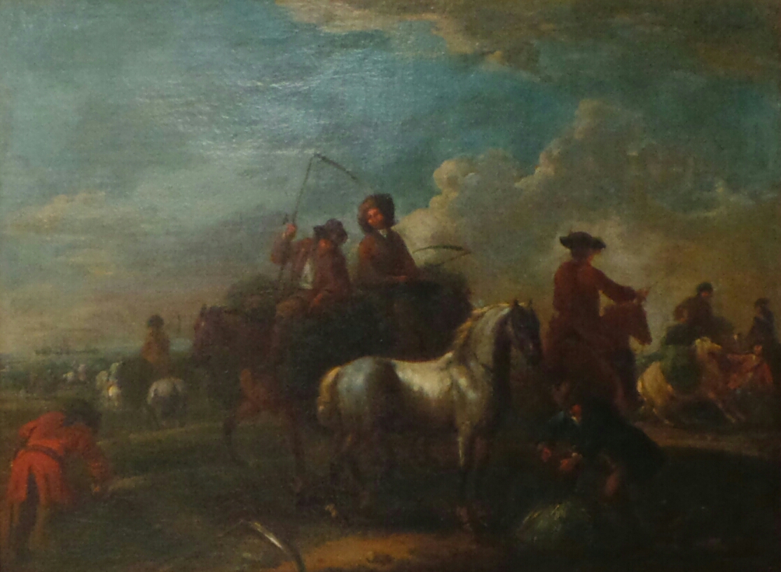 An early C19th oil on canvas of cavalrymen on horseback with peasants beside in a field, in heavy