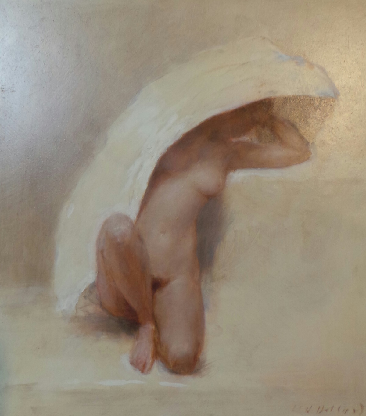 An oil on panel by Harry Holland titled ``Cover`` study of a nude female seated on the floor with