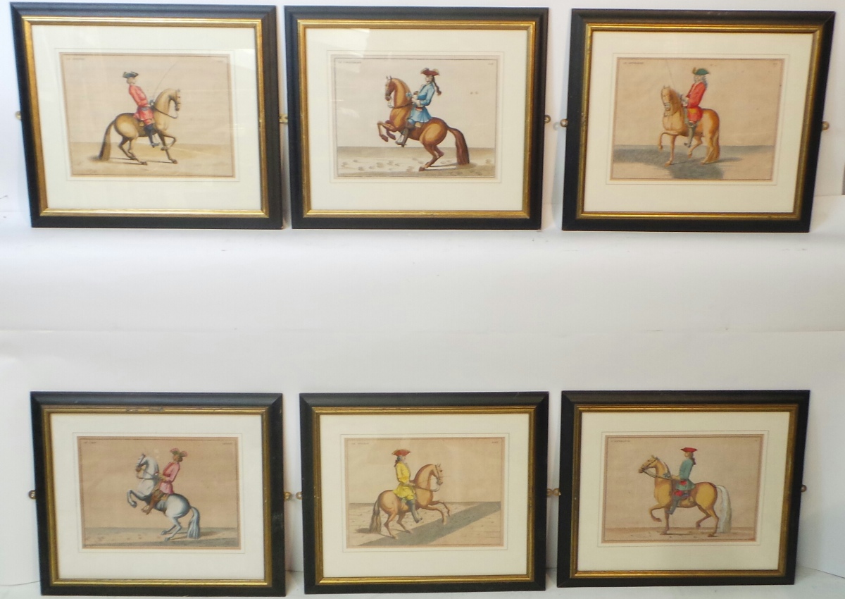 A set of twelve C19th coloured engravings depicting riders and their horses framed and glazed.