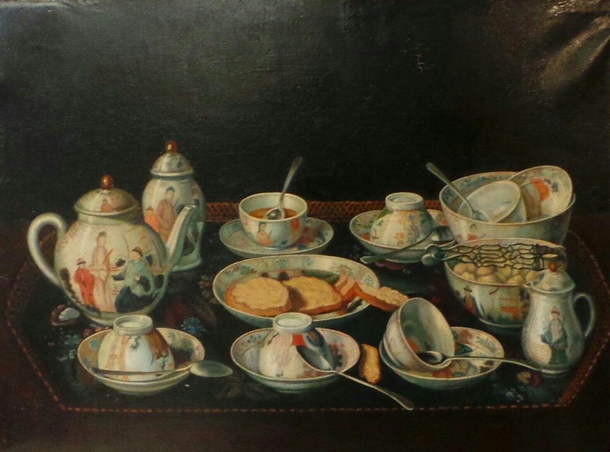 A Studio Canals oil on canvas still life of an Oriental teaset arranged on a tray in heavy gilt