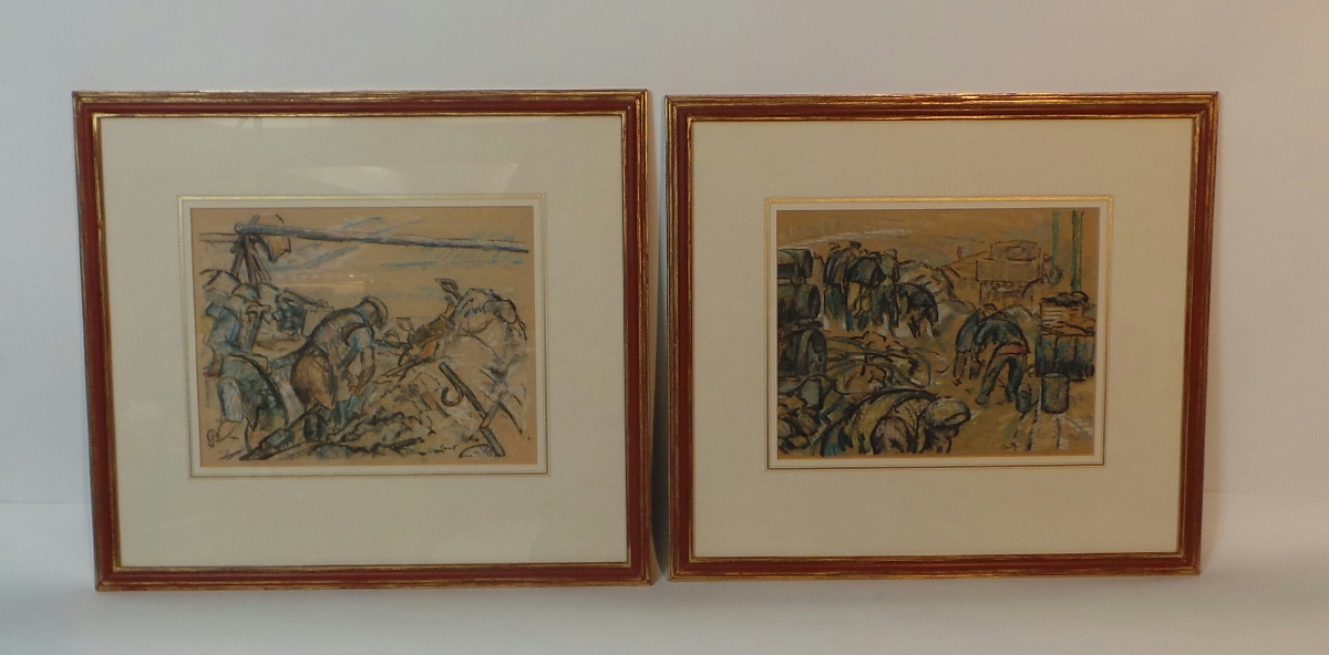 A pair of charcoal and body colour industrial studies of labourers at work signed lower left