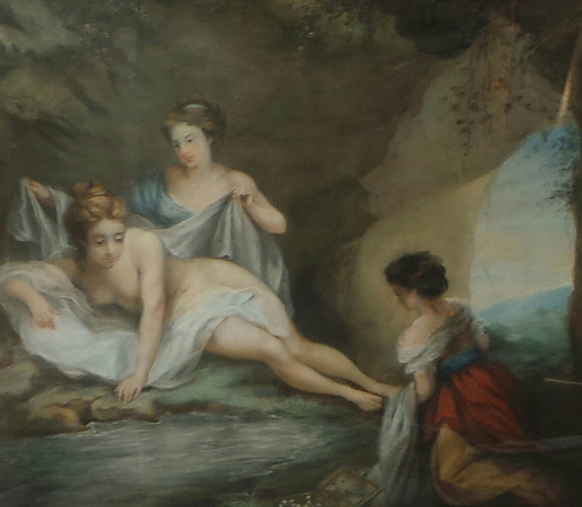 A C19th British School pastel on paper laid on canvas study of three women beside a stream with