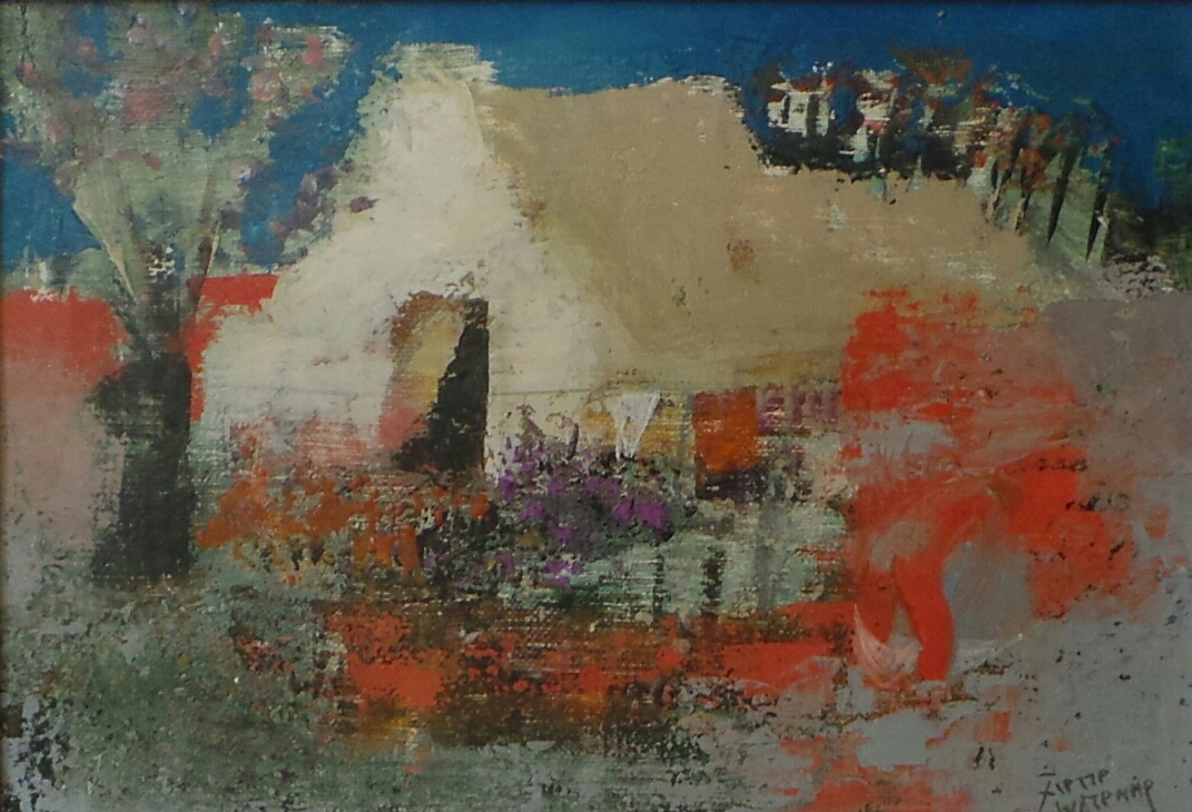 An oil on canvas of an abstract house, signed lower right, 25 cm x 17 cm