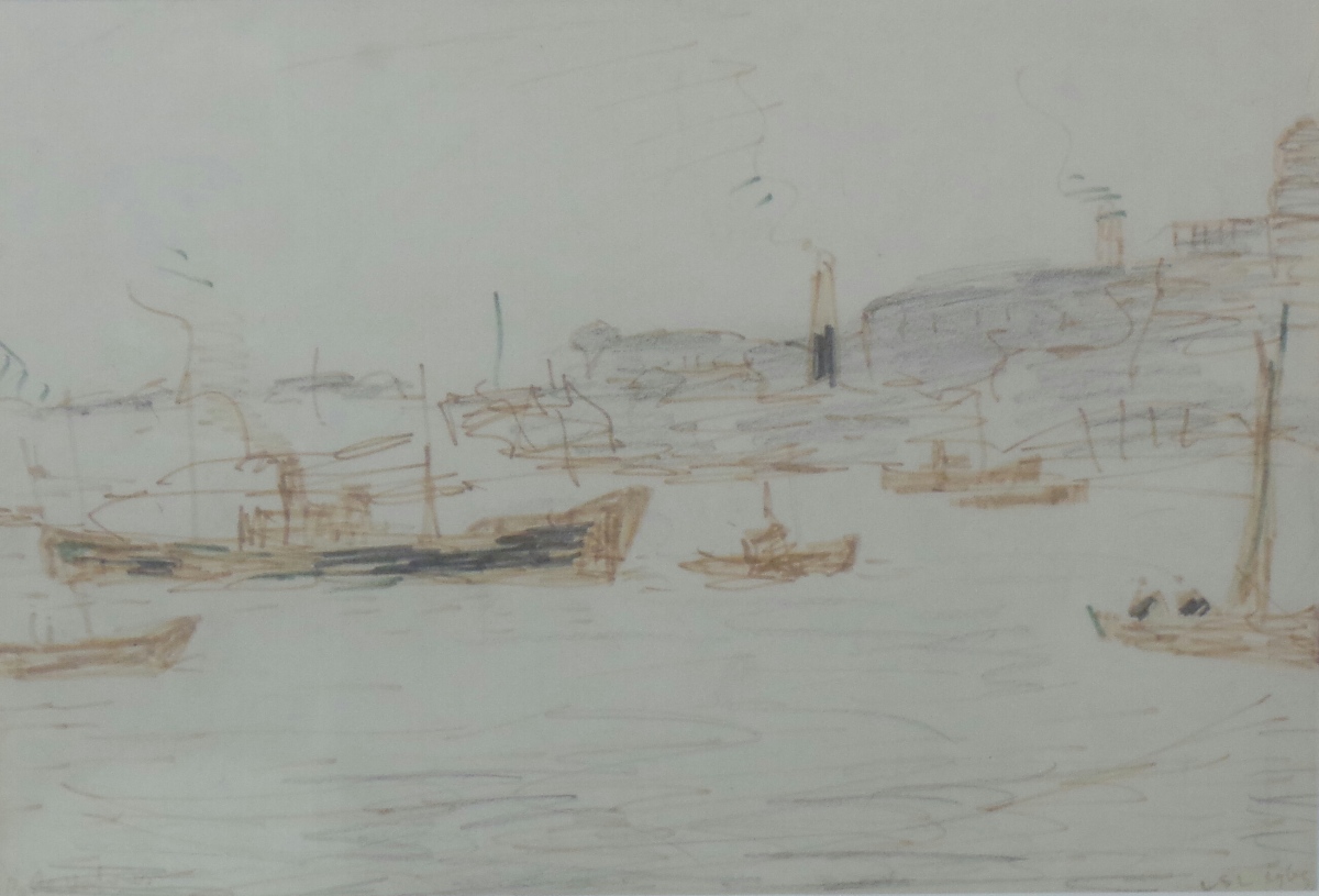 A felt tip on paper study by Lawrence Stephen Lowry (British 1887-1923) depicting boats at Poole