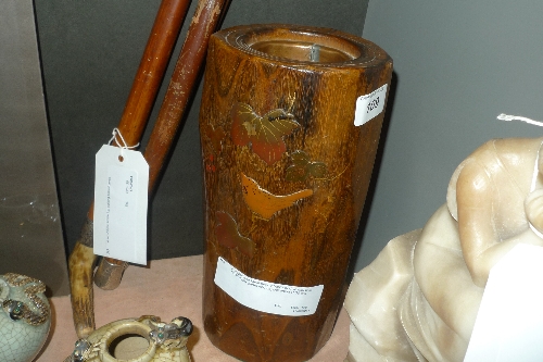 A Japanese Meiji period hardwood vessel with Shibiyama panel and copper lining H 30 cm