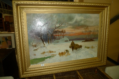 An Eastern European oil on canvas rural landscape with sheep herder within gilt frame signed verso