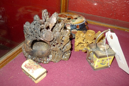Two Chinese carved soapstone items together with a circular jar and cover, a miniature white metal