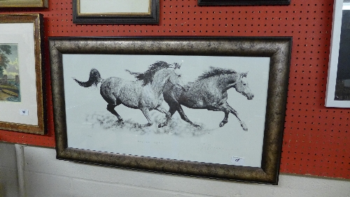 A limited edition print of horses within silver frame W 68 H 34 cm