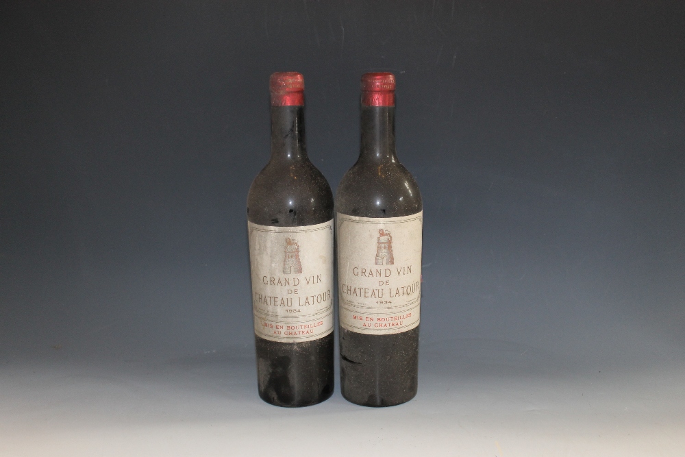 2 BOTTLES OF CHATEAU LATOUR GRAND CRU CLASSE PAUILLAC 1934, bottle A high shoulder, bottle B top