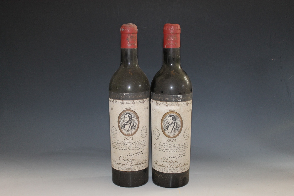 2 BOTTLES OF CHATEAU MOUTON ROTHSCHILD GRAND CRU CLASSE PAUILLAC 1953, bottle A below bottom