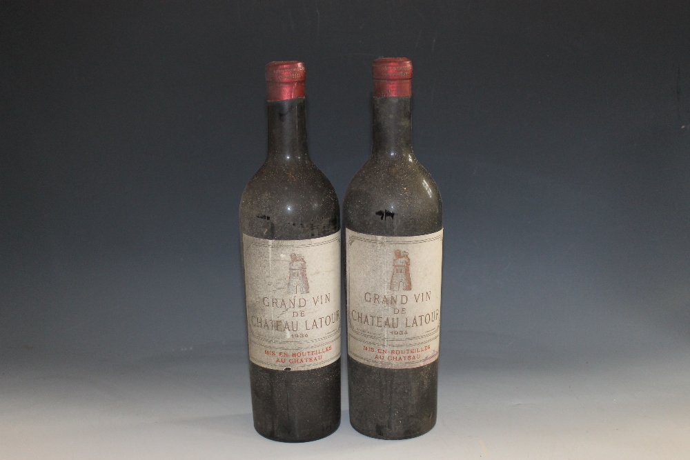 2 BOTTLES OF CHATEAU LATOUR GRAND CRU CLASSE PAUILLAC 1934, bottle A high shoulder, bottle B top
