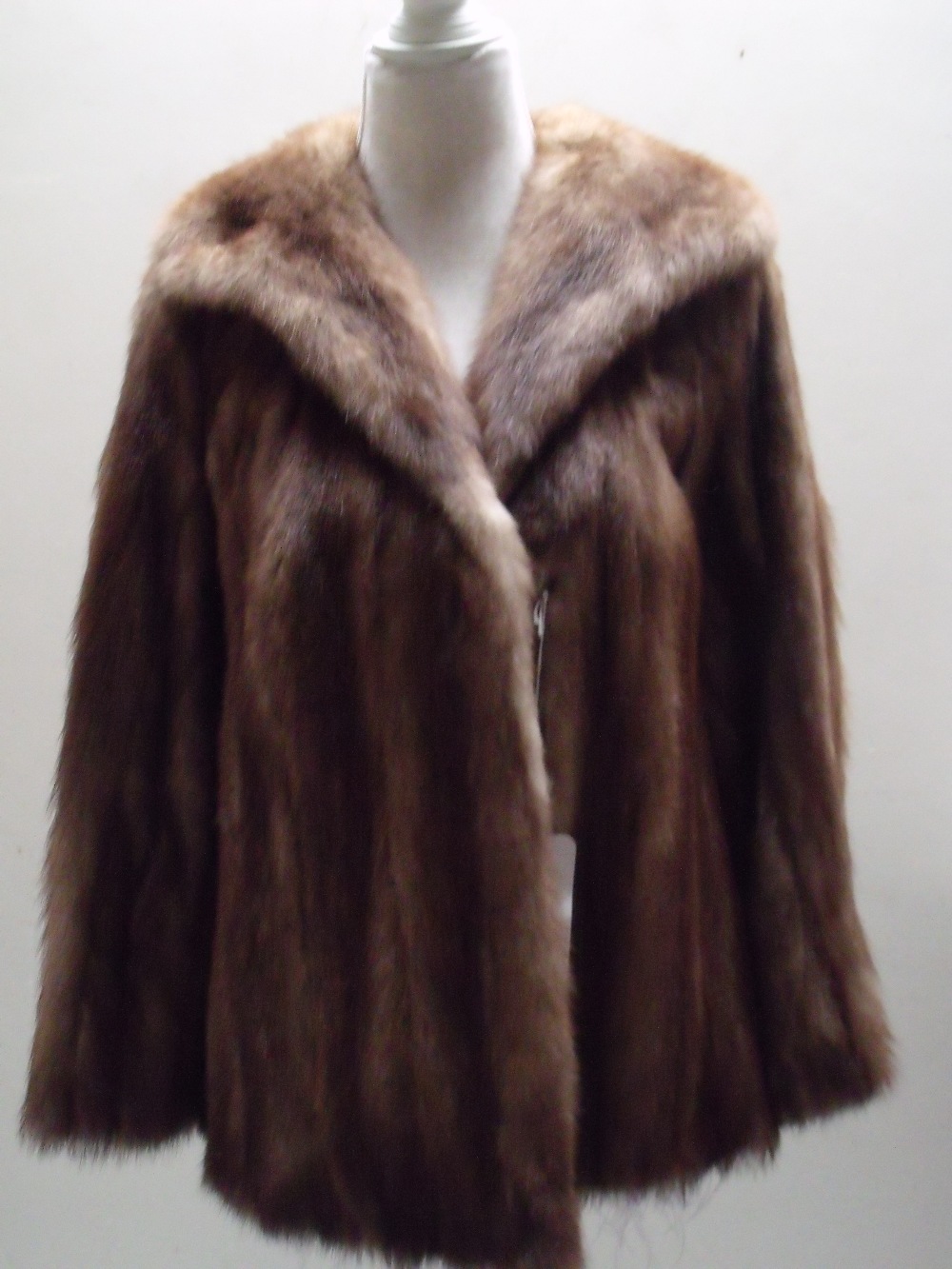 A VINTAGE SHADOW STRIPE FUR COAT, probably pine martin, fully lined with initials `A.E.B.`, hook