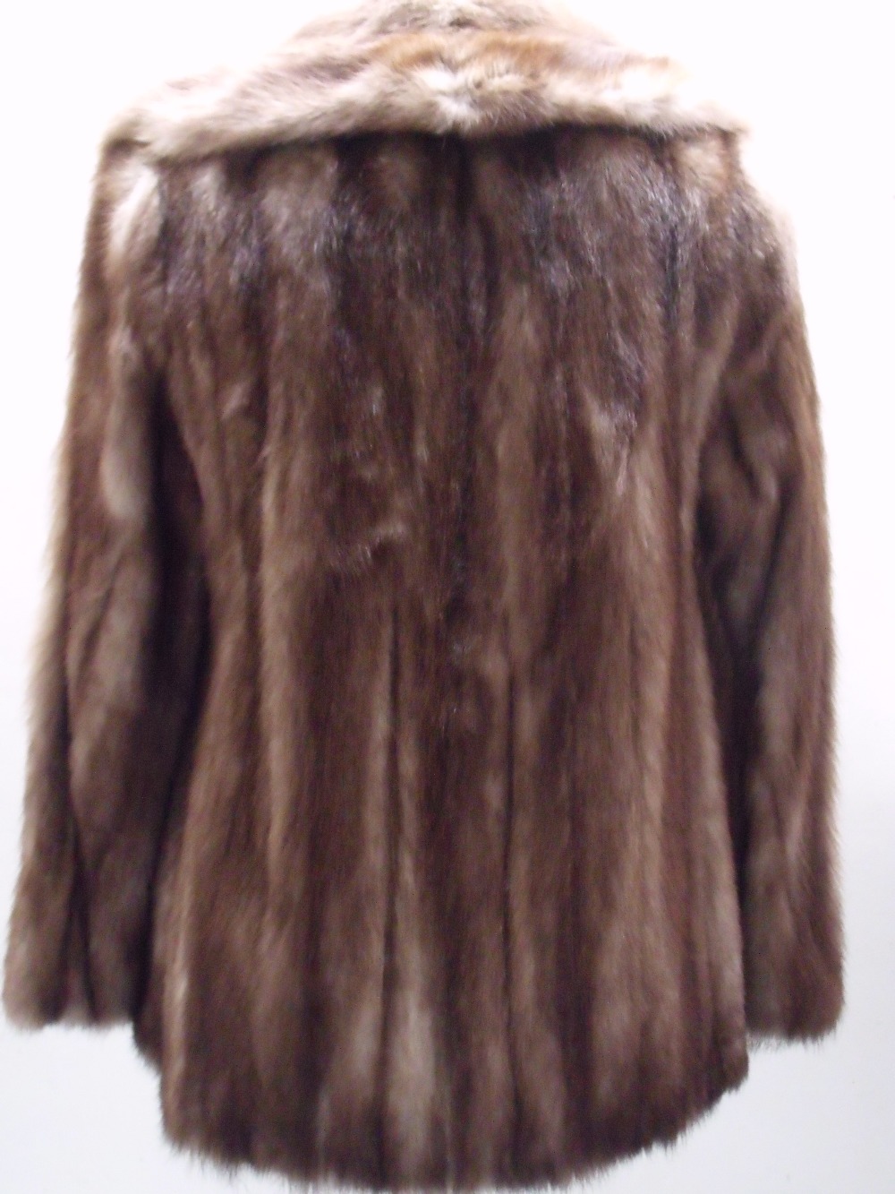 A VINTAGE SHADOW STRIPE FUR COAT, probably pine martin, fully lined with initials `A.E.B.`, hook - Image 2 of 3