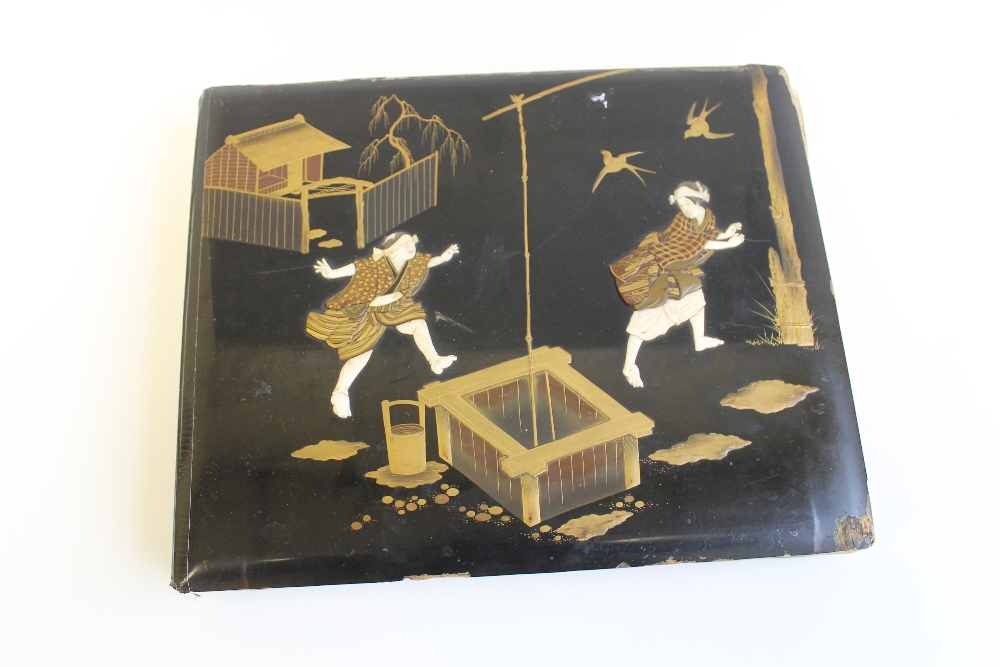 A JAPANESE MEIJI PERIOD ALBUM - COVER DECORATED WITH CARVED BONE FIGURES, images at start cover