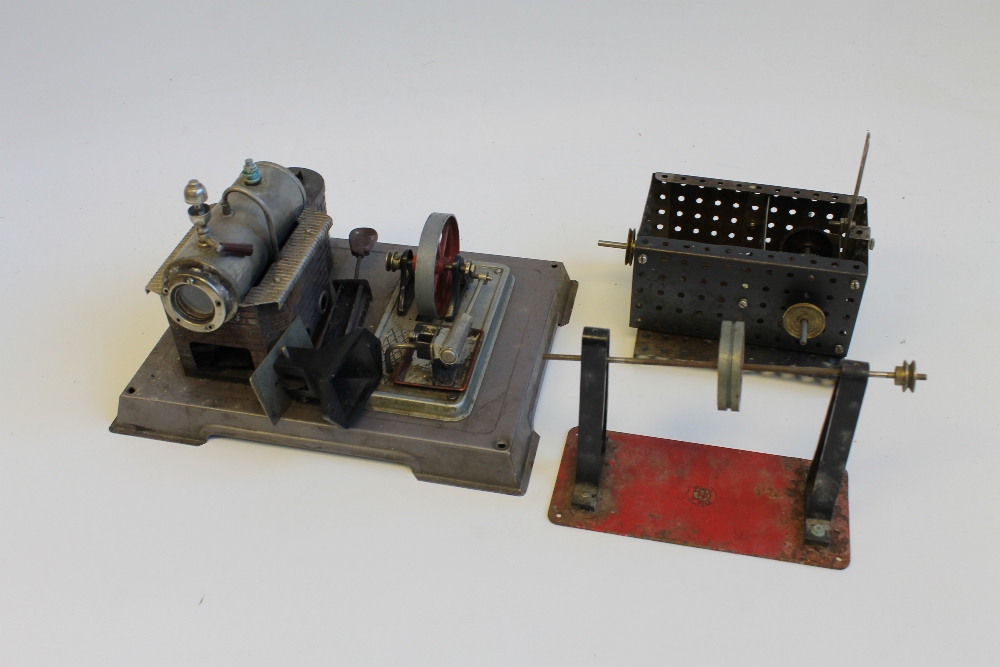 A WILESCO LIVE STEAM MODEL STATIONARY ENGINE WITH BURNER, repairs to boiler front evident,