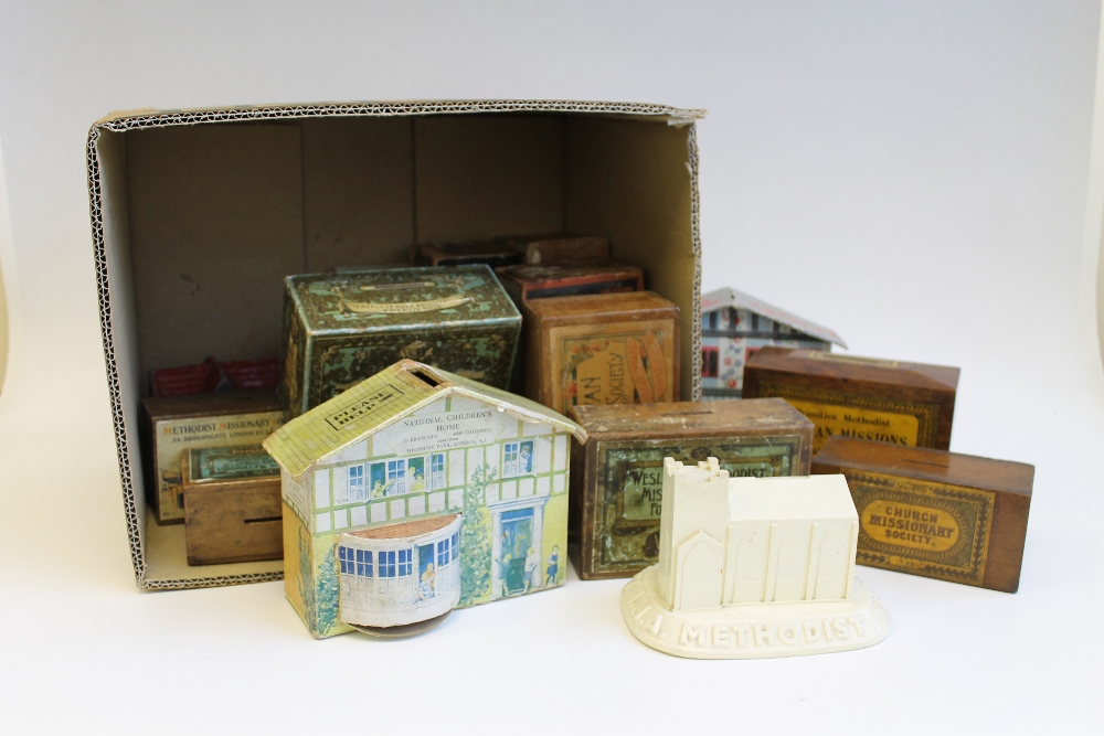 A BOX OF VINTAGE AND ANTIQUE MONEY BOXES, to include missionary, charity & church examples, treen