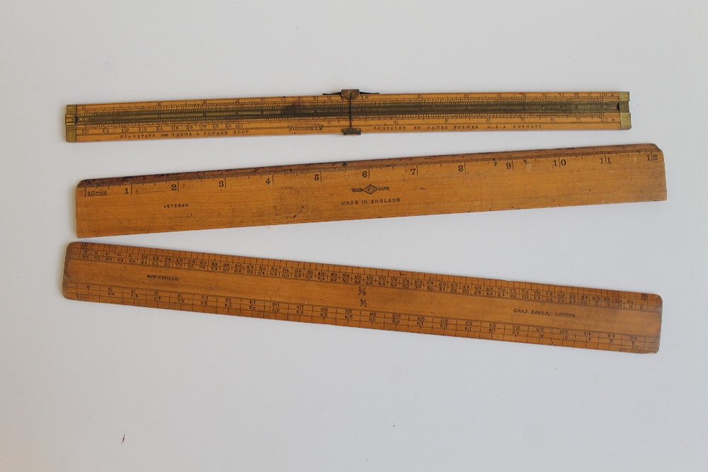 A RARE ANTIQUE YARN MAKERS SLIDE RULE, twelve inch boxwood and brass rule made by E. Preston &