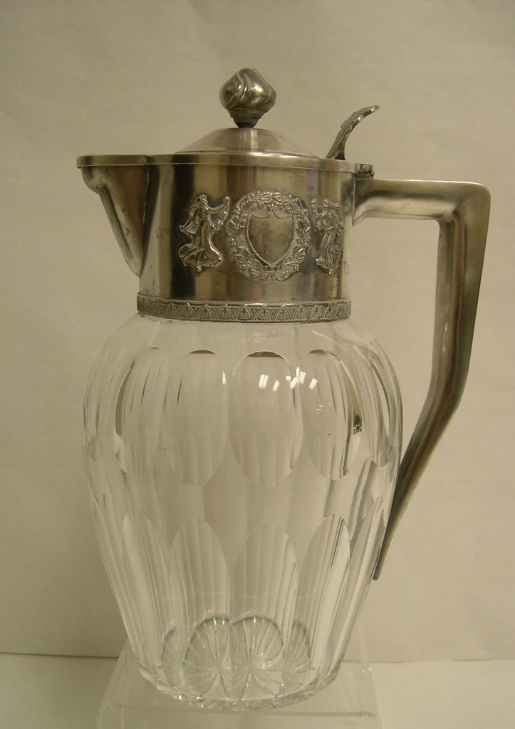 Russian Silver Mounted Cut Glass Claret Jug. Silver hinged lid, vermeil interior, hallmark and
