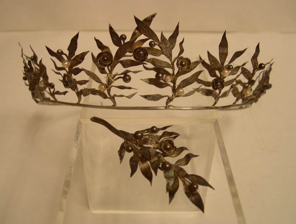 Antique Siam style Silver Tiara with Silver Leaves and Cultured pearl accents and a matching