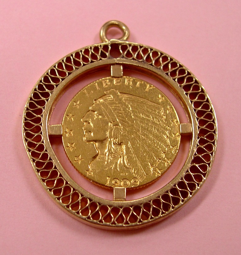 1909 Indian Quarter Eagle 2 ½ Dollar Gold Coin with Pendant Surround.