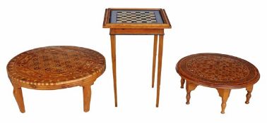 A pine and ebonised games table with painted stone effect chess board, 20th century, set on square