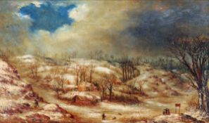 William Stone (American) Winter landscape with cottage, several figures in foreground. Oil on