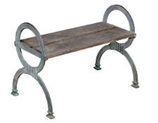 A patinated metal ended garden bench, 20th century, with oak plank seat between cast metal ends