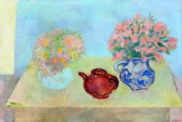 Stella Steyn (1907-1987) Pair of vases with flowers and teapot on table. Oil on canvas. Signed and