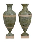 A pair of scagliola urns, 20th century, with slender necks, ovoid bodies, waisted socles and square