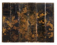 A black lacquer and gilt chinoiserie decorated six-fold room screen, 19th century, with painted